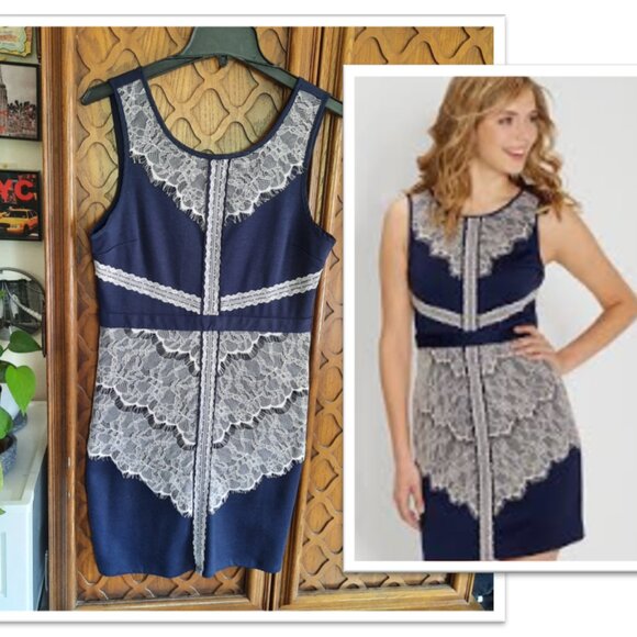 Maurices Soft Knit Sheath Dress with Lace Overlay - Navy, Size M - Picture 1 of 16
